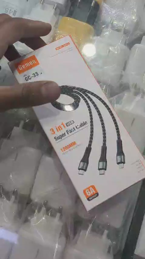 Gamen 3 In 1 Fast Charging Cable | 100w Fast Charging Cable Multi Charger Cable Nylon Braided Multiple Usb Universal 3 In 1 Charging Cord Adapter With Type-c Micro Byj ( With Box )